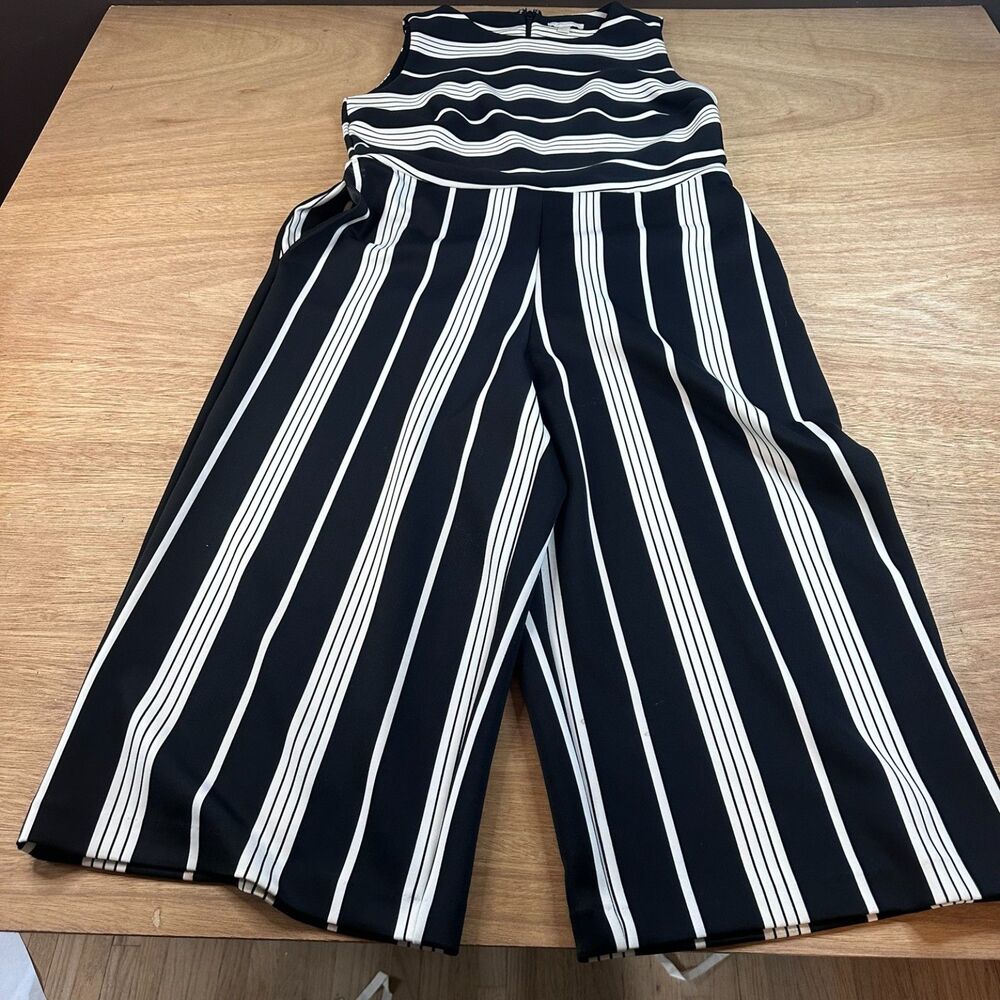 New York & Company Petite Striped Wide Leg Jumpsuit Back Zip Pockets Large